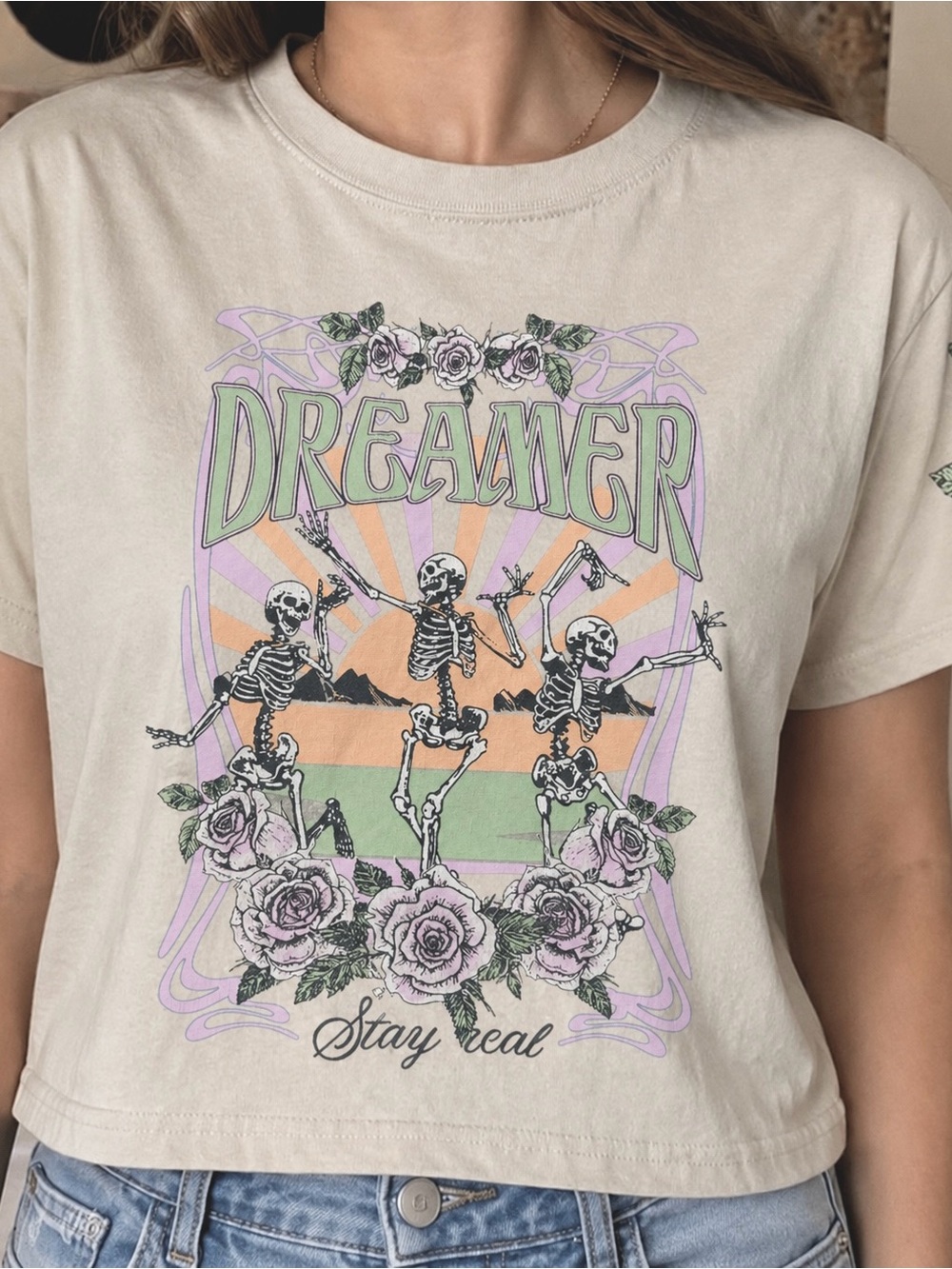 Dreamer Graphic Crop Tee in Cream with Pastel Print